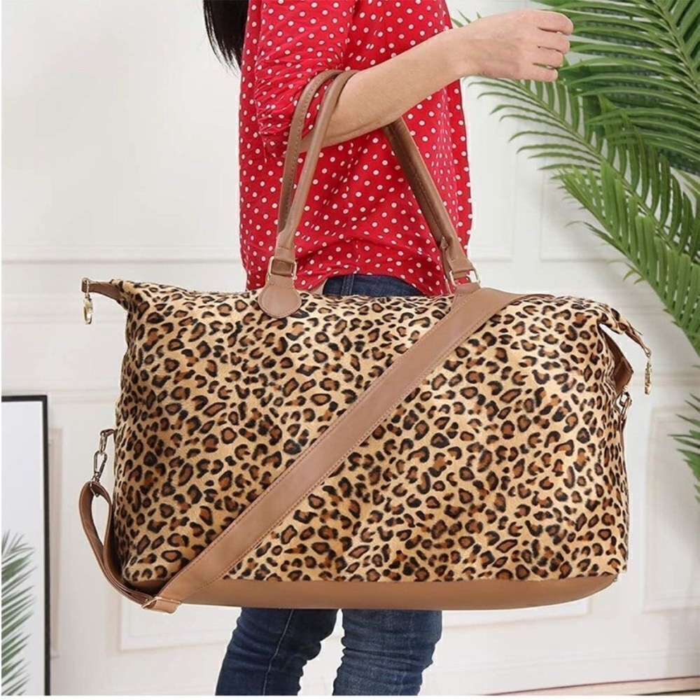 Leopard Print Travel Duffel Bag with Tan Trim